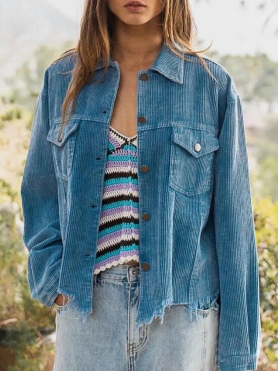 POL Jackets & Blazers - POL Corduroy Jacket Raw Hem Ripped Distressed Light Blue Casual Button Front M